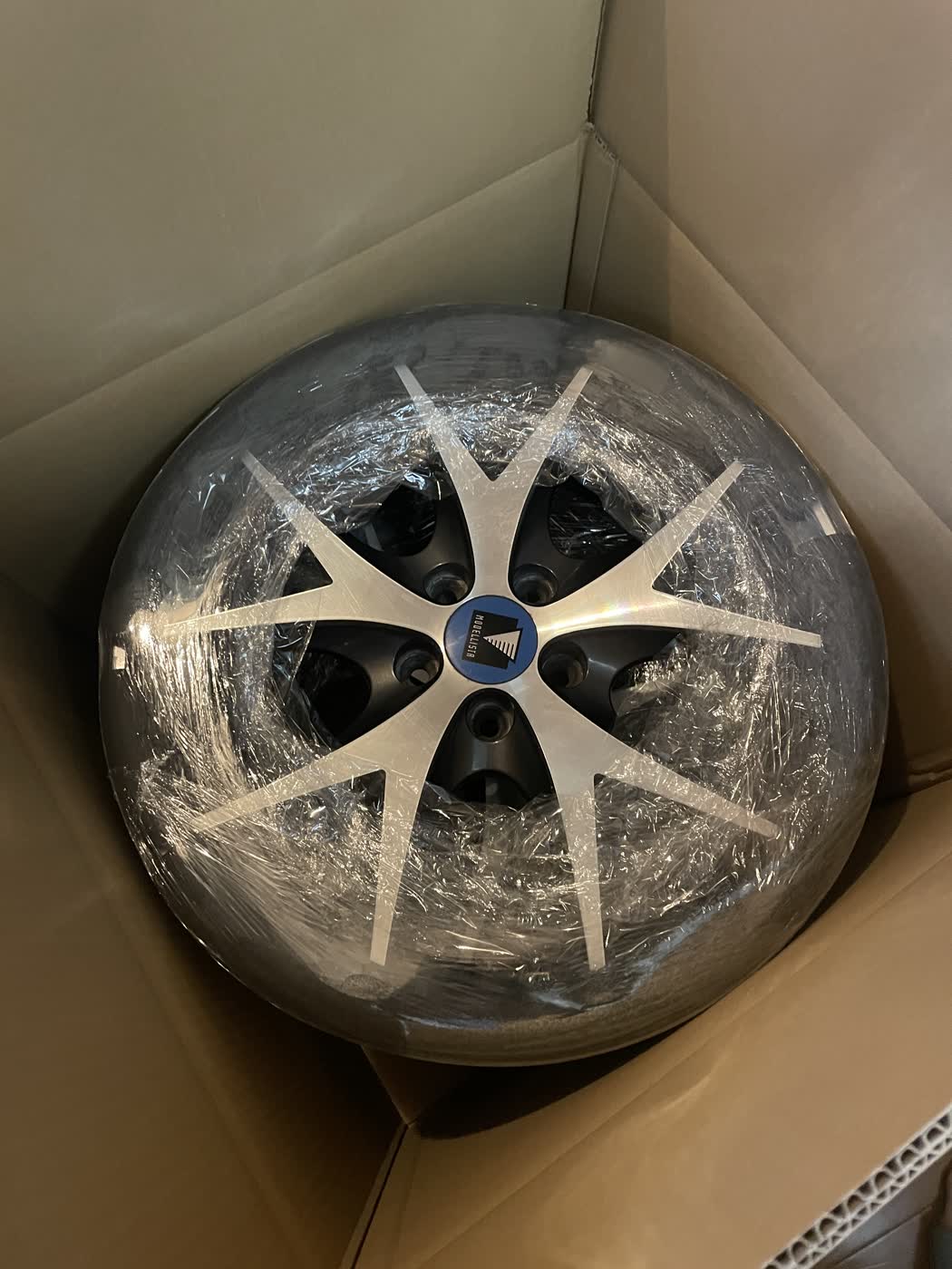 The wheels packed in a box sized to them