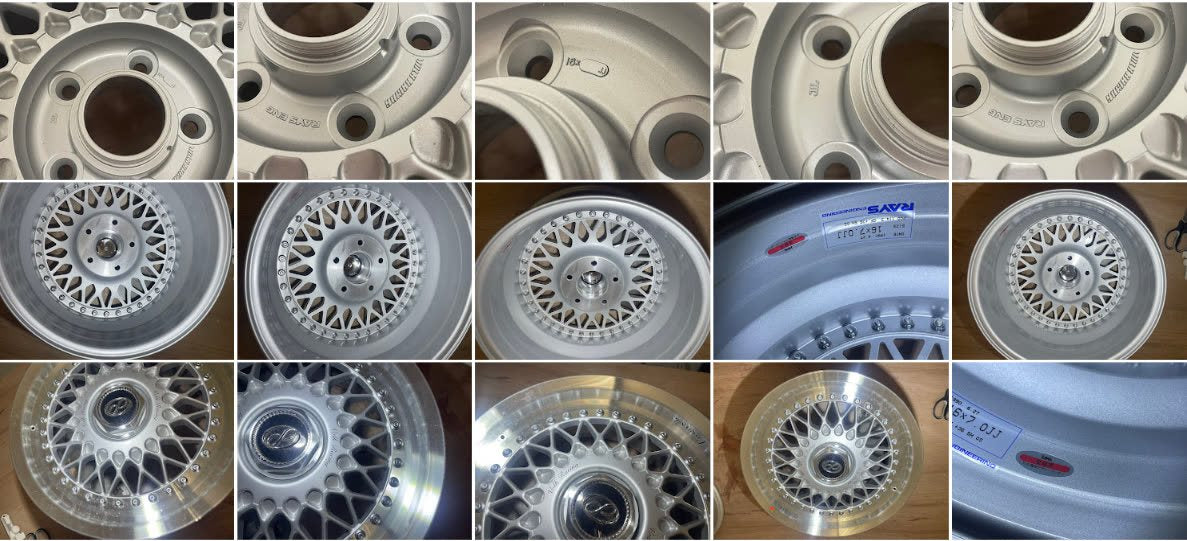 Inspection photos of a set of mesh wheels: the stamps, face, back and rim of each wheel