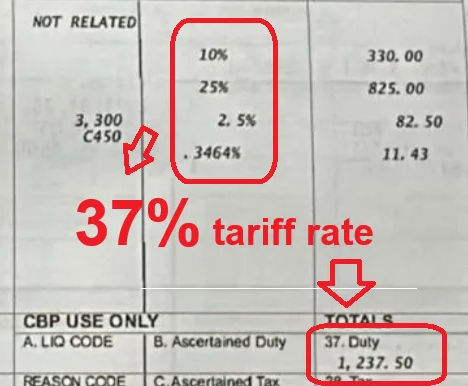 Part of the real duty invoice. Red circles on the rate column (10%, 25%, 2.5%, and more), the 37% total, and the $1,237.50 duty